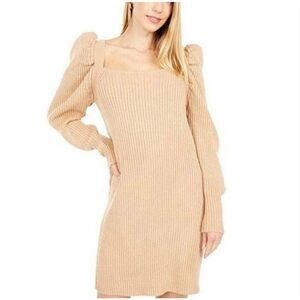 Wayf Camel Square Neck Puff Shoulder Ribbed Sweater Dress Size Small NWT